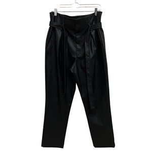 DKNY Faux Leather Paperbag Pants Size 12 Black High Waist Belted Pleated